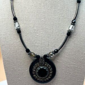 Chicos Statement Necklace With Black & Silver Beads Rhinestone Pendant    N1